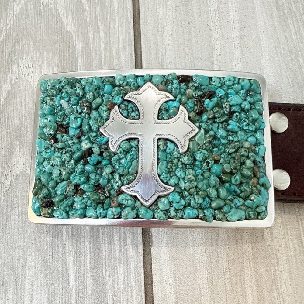 Nocona Belt Western Turquoise Tooled Leather Silver Cross Western Size Large - Picture 7 of 7